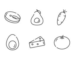 set pictogrammen gezonde voeding. vissteak, avocado, wortel, ei, kaas en tomaat in lineaire stijl. vectorillustratie op witte achtergrond vector