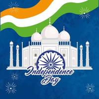 Indiase gelukkige onafhankelijkheidsdag met Taj Mahal, traditioneel monument en decoratie vector