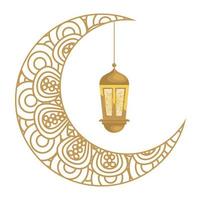 ramadan kareem-lantaarn die met wassende maan gouden op witte achtergrond hangen vector