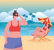 schattige mollige vrouwen in zwembroek op het strand, groepsvrouwen gelukkig in het zomervakantieseizoen vector