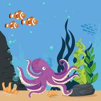 octopus en zeedieren in de oceaan, zeewereldbewoners, schattige onderwaterwezens, onderzeese fauna vector