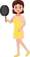 een vrouw die een pan vasthoudt met een schort stripfiguur op een witte achtergrond vector