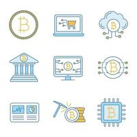 bitcoin cryptocurrency gekleurde pictogrammen instellen. munt, online winkelen, cloud mining, bankieren, bitcoin-webpagina, hashrate, cpu-mining, cryptocurrency. geïsoleerde vectorillustraties vector