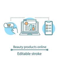 cosmetica online winkel concept icoon. website voor schoonheidsproducten. idee dunne lijn illustratie. huidverzorging, make-up internetconsulent. vector geïsoleerde overzichtstekening. bewerkbare streek