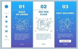 online winkelen onboarding mobiele webpagina's vector sjabloon. digitale aankoop. een bestelling plaatsen, betalen klik, snelle levering. responsieve smartphone website-interface. webpagina walkthrough stap schermen
