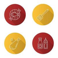 barbecue vlakke lineaire lange schaduw iconen set. barbecueën. gegrilde vis, keukenspatel, kippenpoot, ketchup en mosterd. vector overzicht illustratie