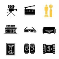 bioscoop glyph pictogrammen instellen. filmcamera, Filmklapper, onderscheidingen, bioscoopgebouw, 3D-bril, filmframe, kaartjes, poster, tafel en bank. silhouet symbolen. vector geïsoleerde illustratie