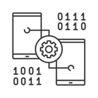 lineaire pictogram voor smartphone-instellingen. app-ontwikkeling. dunne lijn illustratie. telefoons met tandrad en binaire code. contour symbool. vector geïsoleerde overzichtstekening