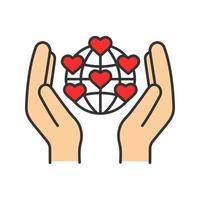 internationale liefdadigheid kleur icoon. handen met planeet met hartpunten. aarde redden. wereldwijd vrijwilligerswerk. geïsoleerde vectorillustratie vector