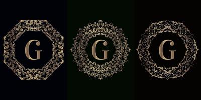 verzameling logo initial g met luxe mandala ornament frame vector