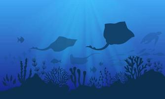 onderwaterlandschapsachtergrond met silhouet van pijlstaartrog. onderwater achtergrond vectorillustratie vector