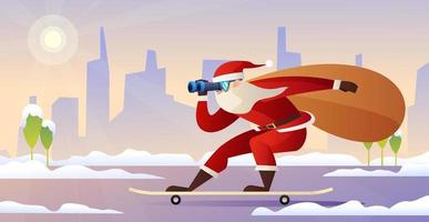 Kerstman skateboarden in de stad sjabloon illustratie. de kerstman brengt geschenken. prettige kerstdagen en gelukkig nieuwjaar begroetingssjabloon vector