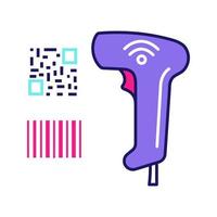 barcode en qr-code scanner kleurpictogram. wifi lineaire en matrix barcodes handheld reader. qr-codes en traditioneel apparaat voor het lezen van streepjescodes. winkel, winkel, supermarkt. geïsoleerde vectorillustratie vector