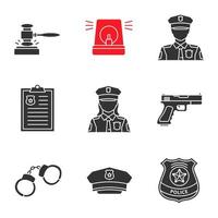 politie glyph pictogrammen instellen. hamer, alarm, politieagent, rapport, pistool, handboeien, hoed, badge, politieagente. silhouet symbolen. vector geïsoleerde illustratie