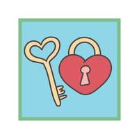 leuke sleutel en slot. hartvormig hangslot met grappige toetsen op een witte achtergrond. sticker, pictogram, ontwerpelement met Valentijnsdag.