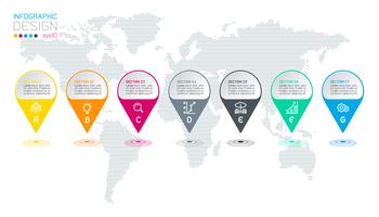 Zeven cirkels met bedrijfspictograminfographics op de achtergrond van de wereldkaart. vector