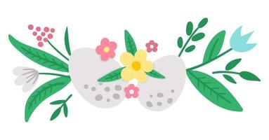 vector Pasen horizontaal decoratief element. schattige heldere compositie met eieren, planten en bladeren. lente icoon. vakantie bloemdessin met eerste bloemen en gekleurde eieren.