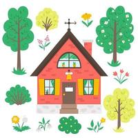 vector set met tuin of bomen, planten, bloemen en landhuis geïsoleerd op een witte achtergrond. platte lente boerderij illustratie met huisje. natuurlijke groen pictogrammen collectie