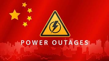 stroomstoring, geel waarschuwingsbord op de achtergrond van de vlag van china met het silhouet van de stad op de achtergrond vector