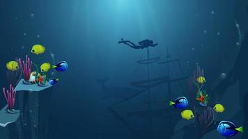 onderwaterwereld, vectorillustratie met gele vis, blauwe vis, rots, zeester, parel en duiker vector