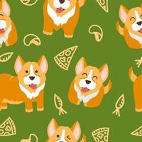 grappige corgi patroon op een groene achtergrond, vectorillustratie in een vlakke stijl. voor gebruik bij het bedrukken van souvenirs, ansichtkaarten en textiel. vector