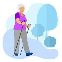 nordic walking gepensioneerde. sportleven van de senioren. oude mensen lopen, doen oefeningen in de frisse lucht in het bos. actieve levensstijl bij pensionering voor gepensioneerden. vector