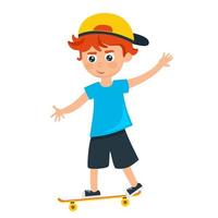 een vrolijke jongen in een baseballcap op een skateboard in een cartoon-stijl. vector