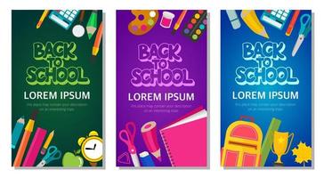 een set van drie banners op een schoolthema met schoolbenodigdheden. de inscriptie terug naar school, een plek voor uw tekst. vectorillustratie. vector