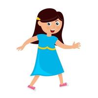 een vrolijk meisje in een blauwe jurk in een cartoon-stijl. vector