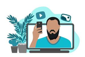een bebaarde mannelijke blogger maakt een video op zijn telefoon. vectorillustratie in een vlakke stijl voor gebruik in webdesign, sociale netwerken, websites, blogs. vector