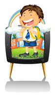 Jongen in schooluniform op tv vector