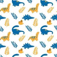 vector naadloze patroon met dinosaurussen en bladeren in cartoon plat kinderachtig stijl. dieren illustratie achtergrond in blauwe en gele kleuren