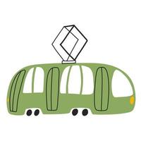 groene tram geïsoleerd op een witte achtergrond in cartoon hand getrokken stijl. kinderachtig transportpictogram voor kinderdagverblijf, babykleding, textiel en productontwerp, behang, inpakpapier, kaart, scrapbooking vector