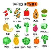 platte vectorillustratie met voedingsmiddelen met een hoog vitamine c. bron van vitamine c. gezonde levensstijl en voeding vector