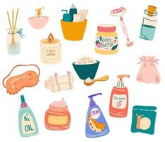 huidverzorging tools collectie. crèmes, shampoos, lichaamsolie, kaarsen en parfum. behandelingen, huidverzorgingsroutine, slaapmasker, gezichtsrollermassager. wellness- en welzijnsconcept. vector