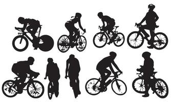 een reeks fietsfietsers die hun fietsen in het ontwerp van de silhouetten vectorillustratie berijden