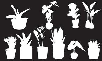 silhouetten collectie van decor huis binnen en buiten tuin planten in potten en stands grafische set pictogrammen vector