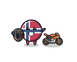 schattige noorwegen vlag cartoon als motorcoureur vector