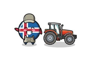 de boer-mascotte met de vlag van ijsland die naast een tractor staat vector