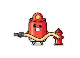 drankblikje cartoon als brandweerman mascotte met waterslang vector