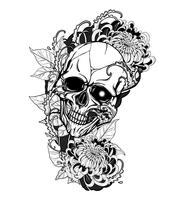 Schedel met chrysanthemum tattoo met de hand tekenen vector