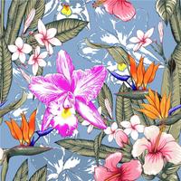 Naadloze bloemmotief roze pastel kleuren Hibiscus, Frangipaniand Orchideebloemen op geïsoleerde blauwe achtergrond. Vector illustratie aquarel hand getrokken doodle.