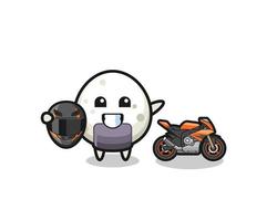 schattige onigiri-cartoon als motorcoureur vector