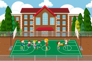 Kinderen spelen basketbal scène vector