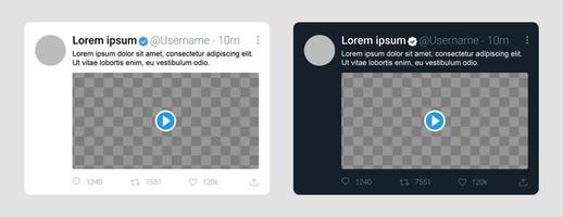 Twitter-videopostsjabloon mock-up. tweet framesjabloon voor nieuwsevenementen met bewerkbare tekst en lege avatar. vector