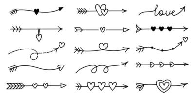 set van schattige doodle pijlen voor Valentijnsdag geïsoleerd op een witte achtergrond. vector handgetekende illustratie. perfect voor vakantieontwerpen, kaarten, uitnodigingen, decoraties. romantische clipart-collectie.