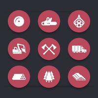 logging, bosbouw apparatuur pictogrammen, zagerij, logging truck, boom harvester, hout, hout, timmerhout, ronde iconen set, vector illustratie