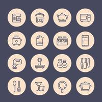 keuken lijn iconen set, gebruiksvoorwerpen, servies, gereedschap, kookgerei, pan, waterkoker, messen, koken gerelateerde objecten vector