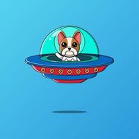 schattig boston terrier hond rijden ruimteschip ufo, vector illustratie eps.10