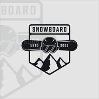 snowboard logo vintage vector illustratie sjabloon pictogram grafisch ontwerp. helmbord en skibril teken of symbool voor reis- en wintersportwinkel met retro badge